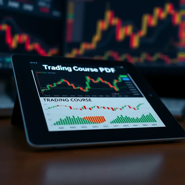 Detailed trading course PDF open on a digital tablet with charts and graphs
