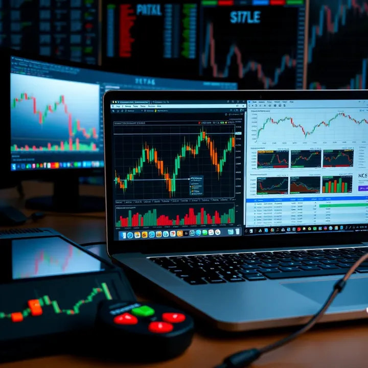 Collection of trading tools including laptop showing graphs, financial news, and analysis software