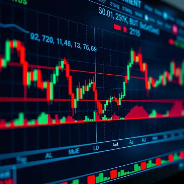 Stock Market Chart with Trading Indicators Chart displaying stock market trends with candlestick patterns and trading indicators