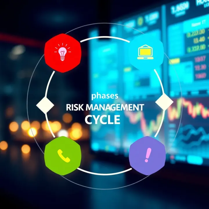 Cycle illustrating risk management phases with icons representing identification, assessment, control, and review