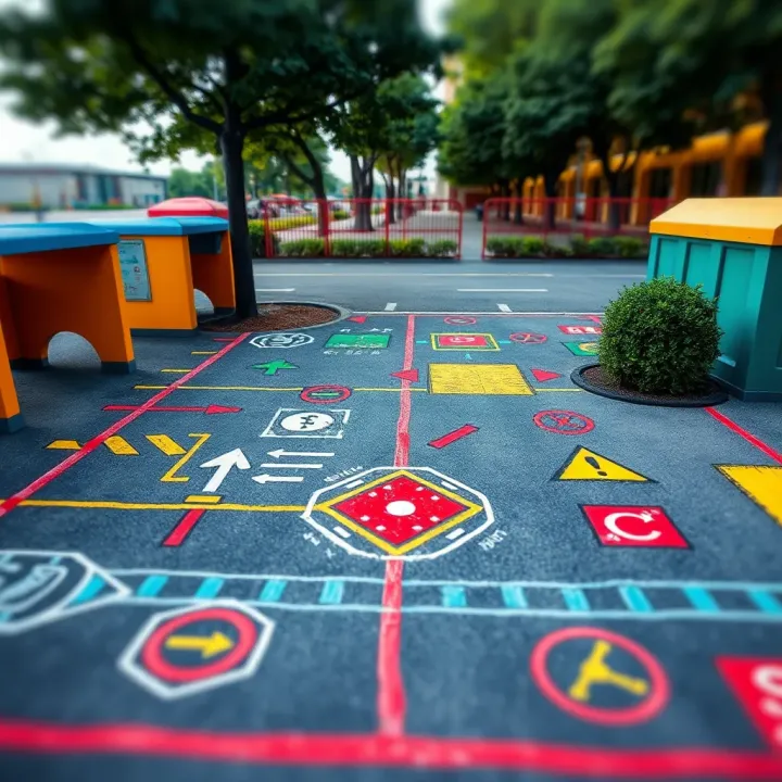 Colorful schoolyard drawing highlighting potential safety hazards and risk areas