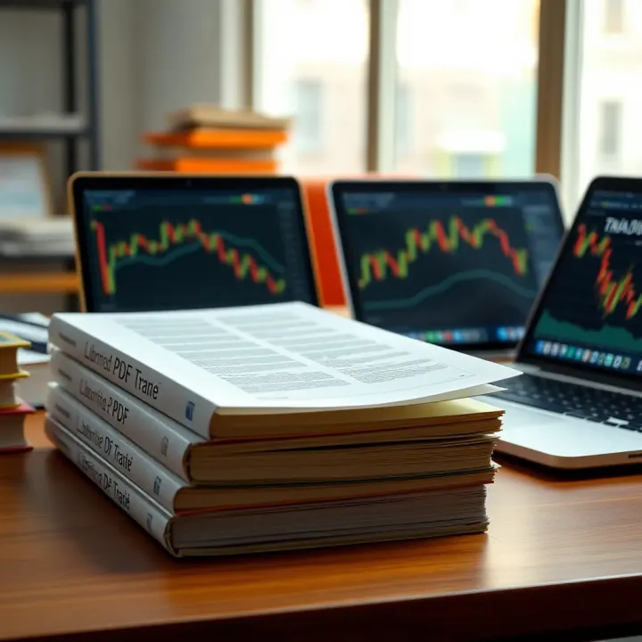 Collection of digital PDFs and printed trading books on a wooden desk with a laptop